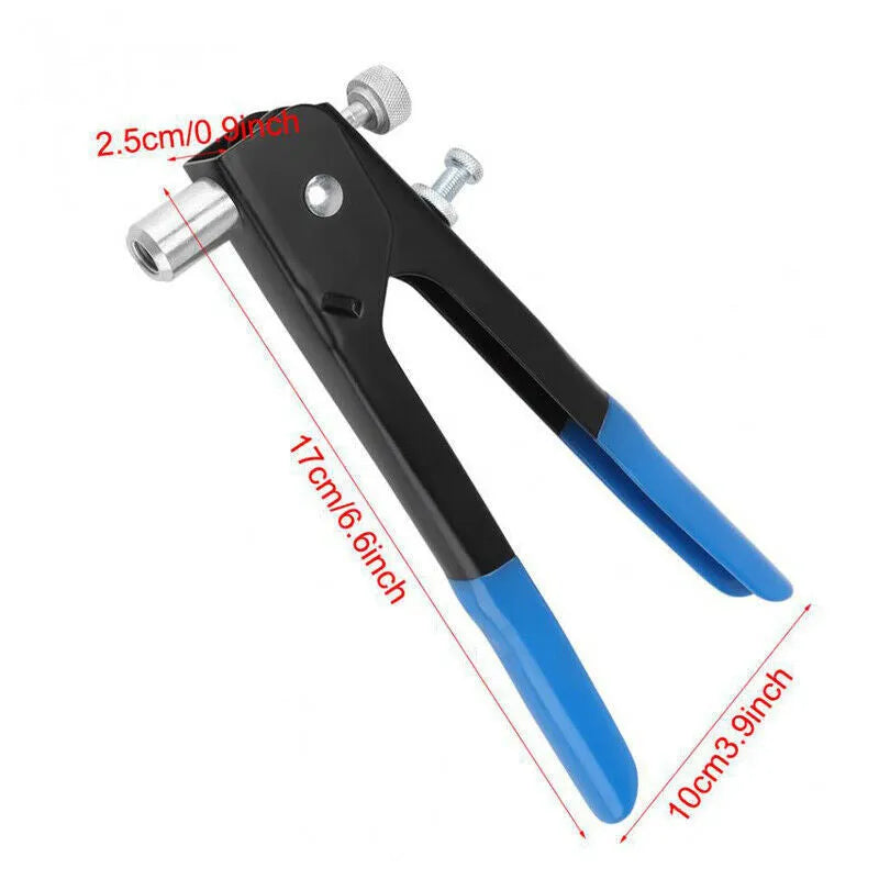 Alloy steel manual riveter gun with a case of rivet nuts from an 86-piece or 106-piece kit.