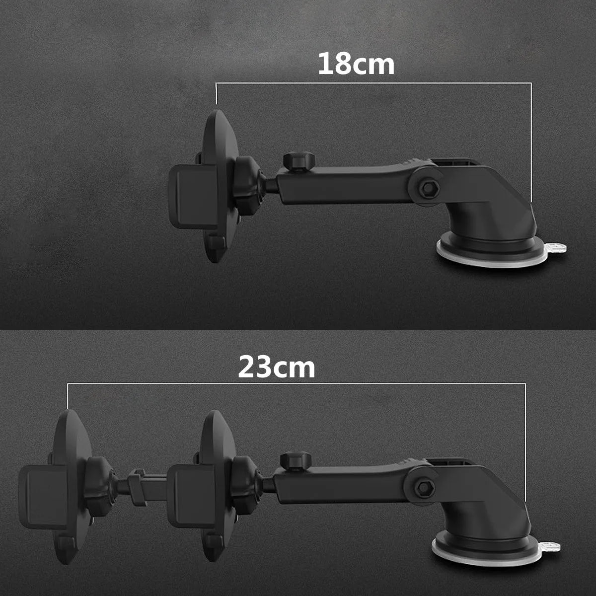 Black telescopic car dashboard phone holder with suction cup extended, showing 360-degree rotation.