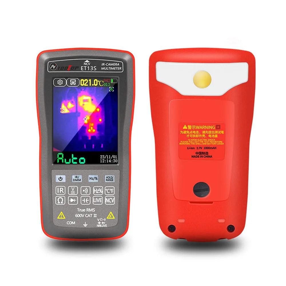 ET13S thermal imaging multimeter with 2.8-inch touchscreen display showing thermal pattern