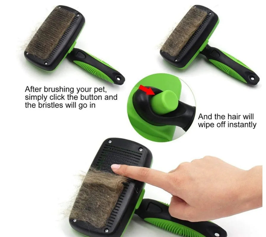 Pet self-cleaning slicker brush with stainless steel needles, green handle, comb surface 12.6 x 7cm, for dogs and cats