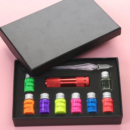 Fluorescent fountain pen dip ink set with 8 glowing colours in borosilicate glass bottles