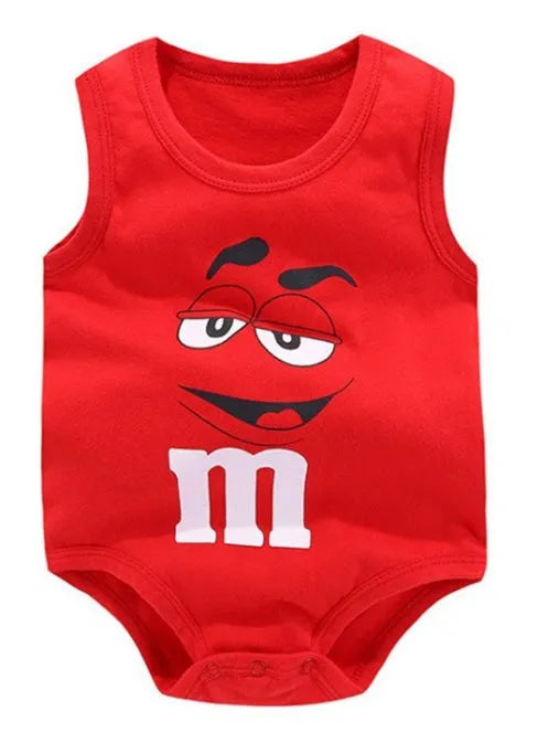 Sleeveless white baby vest with a colourful Totoro print, shown flat.
