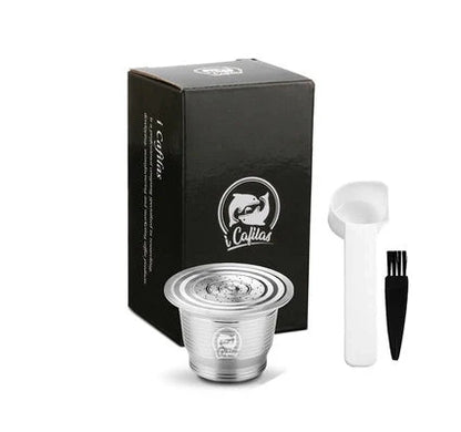 Stainless steel reusable Nespresso coffee capsule with tamper and spoon
