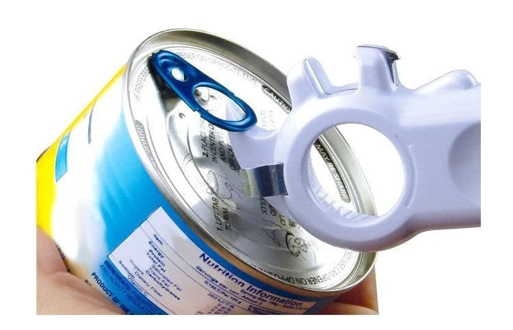 Universal 6-in-1 kitchen tool for opening jars, cans, and bottles in white and green