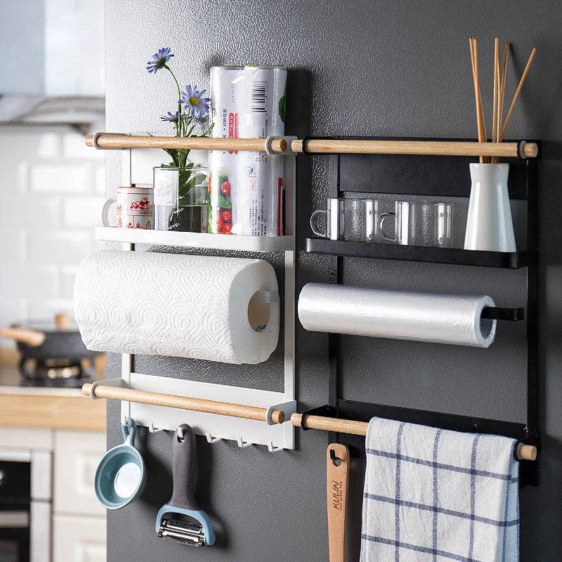 Magnetic refrigerator side rack in black and white, with hooks and wooden bar for kitchen organisation