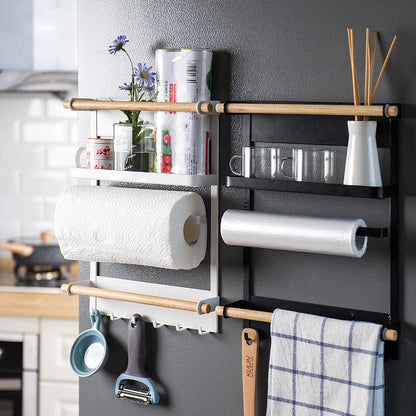 Magnetic refrigerator side rack in black and white, with hooks and wooden bar for kitchen organisation