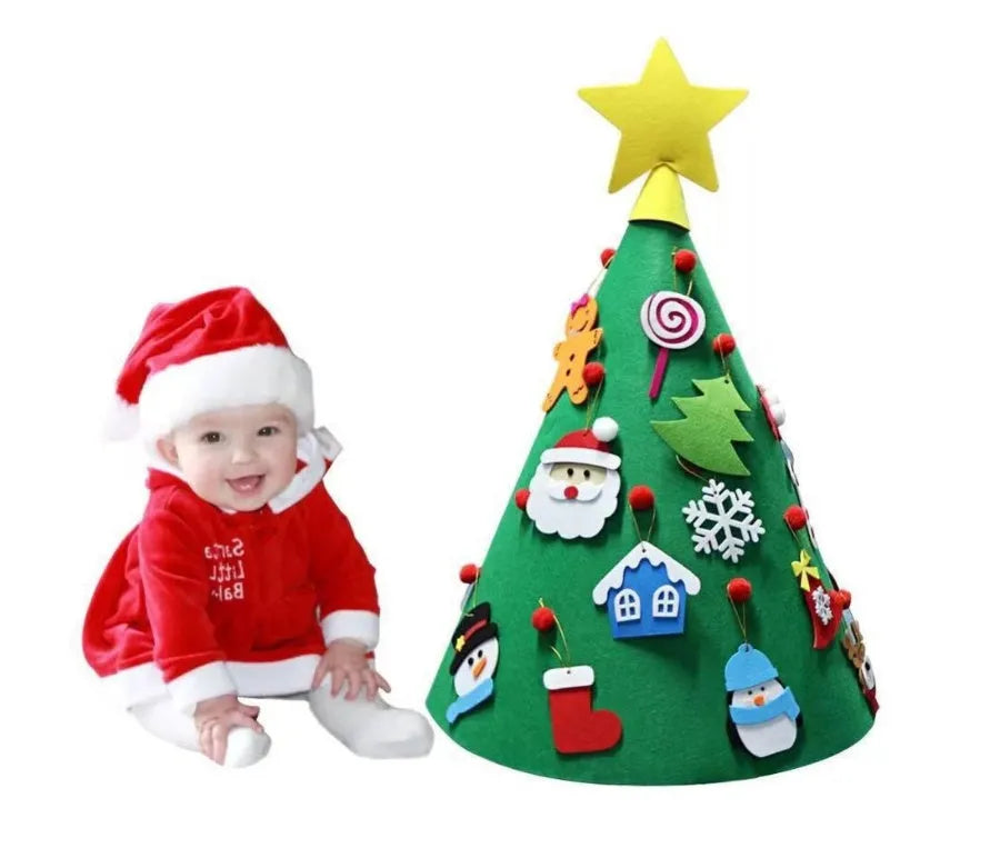 Felt Christmas tree three-dimensional DIY puzzle kit with cone base and felt balls on a surface
