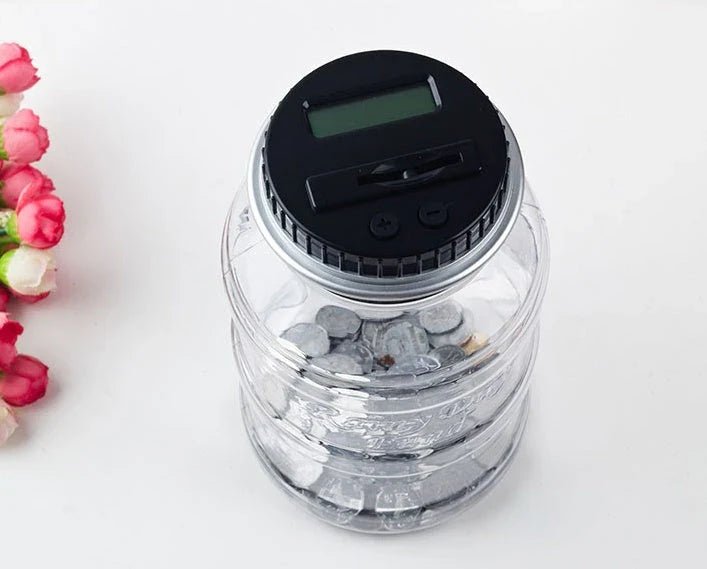 Automatic digital coin counter with LCD display, large capacity, and durable ABS construction for effortless savings