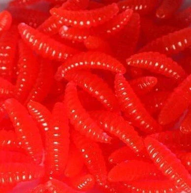 50 artificial maggot fishing lures showing segmented body design and colour variations