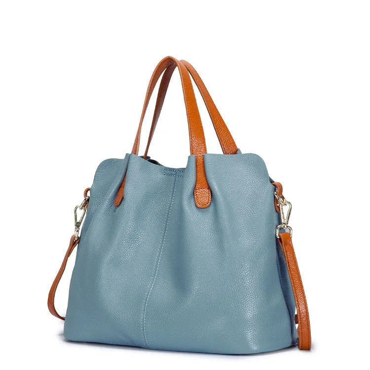 Genuine cowhide leather vertical square tote bag for women, 33cm length, available in five colours including Flax Blue and black