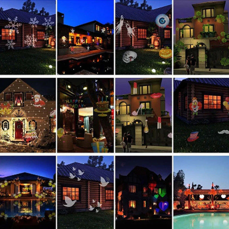 Outdoor Snowflake Projection Light casting colorful holiday images onto a lawn or garden