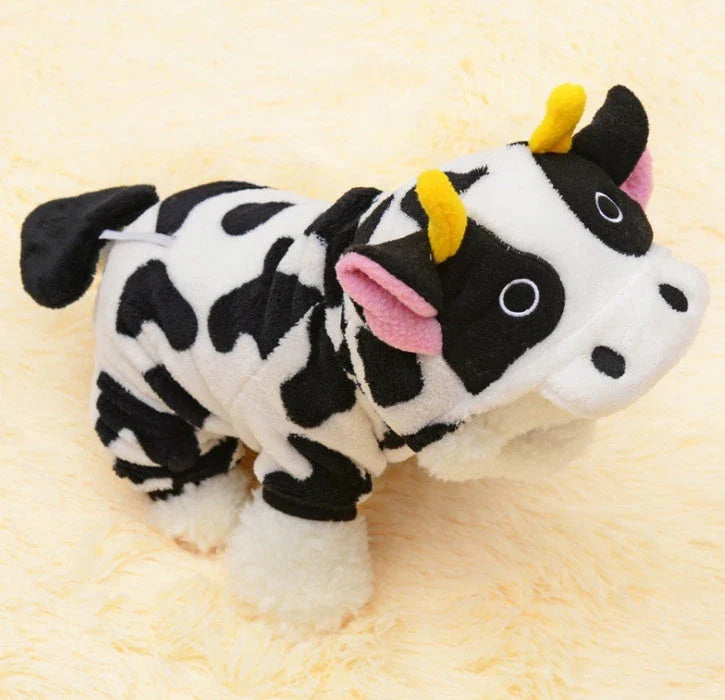 White cow costume hooded sweatshirt for pets with black patches and fleece lining