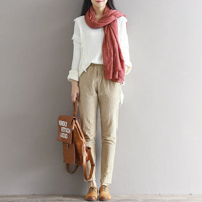 Large size women's thin corduroy pants with adjustable waist for autumn and winter wear