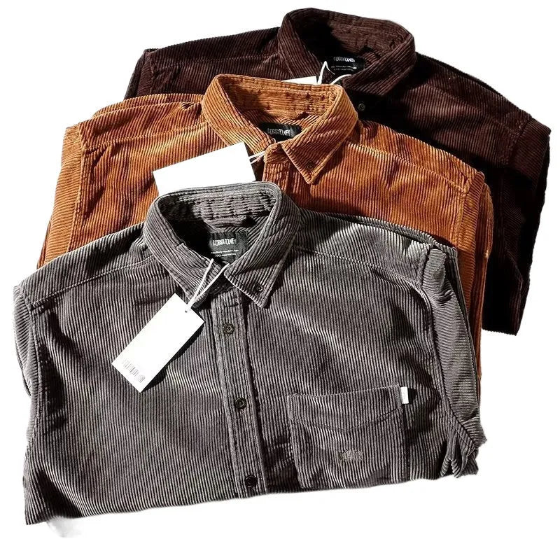 Caramel and grey loose fit corduroy long sleeve shirt in Japanese Hong Kong cardigan style