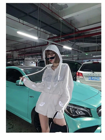 Women's reflective butterfly print two-piece set with hoodie and zip shorts