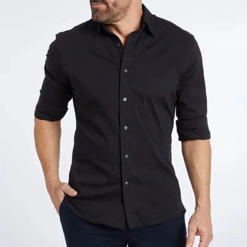 A stylish long sleeve zipper shirt with a button-accented lapel design, made of breathable cotton fabric for men.