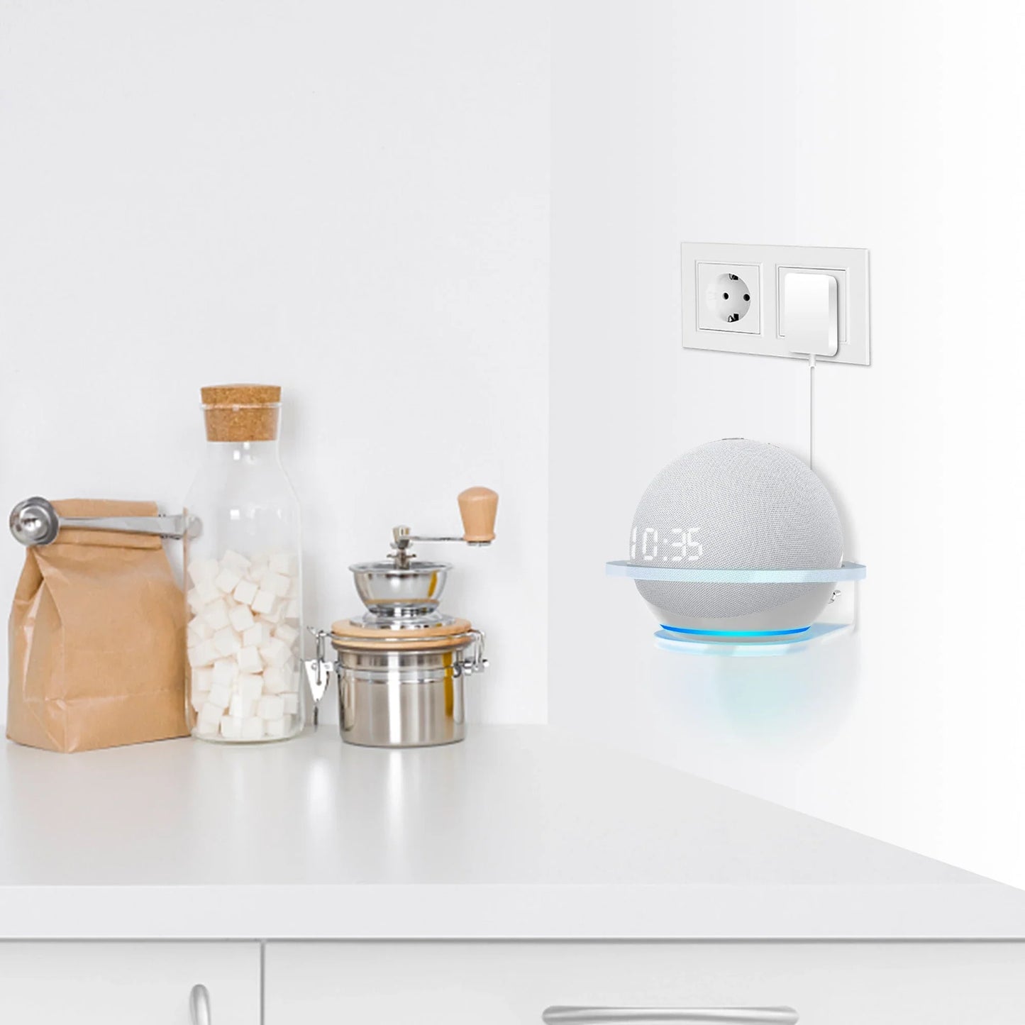 Echo Dot 4 wall mount in white color, with a minimalist, modern design that neatly holds the smart speaker and hides cords