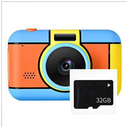 Children's 24MP digital camera in blue, showing 1080P video screen and 600mAh battery compartment, compact for small hands
