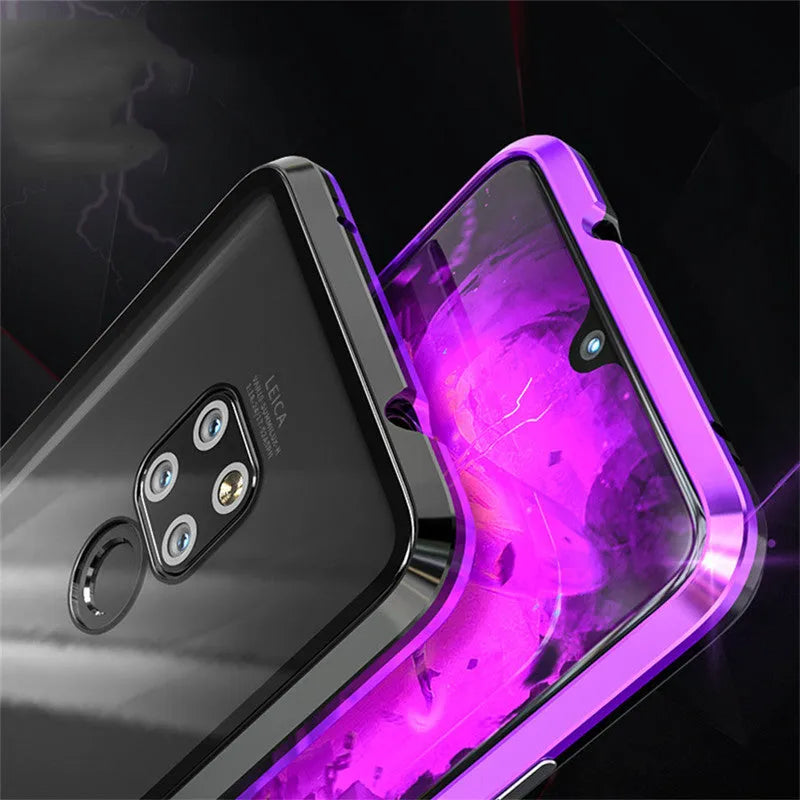 Black magnetic aluminium phone case with clear tempered glass back for Huawei P30 Pro
