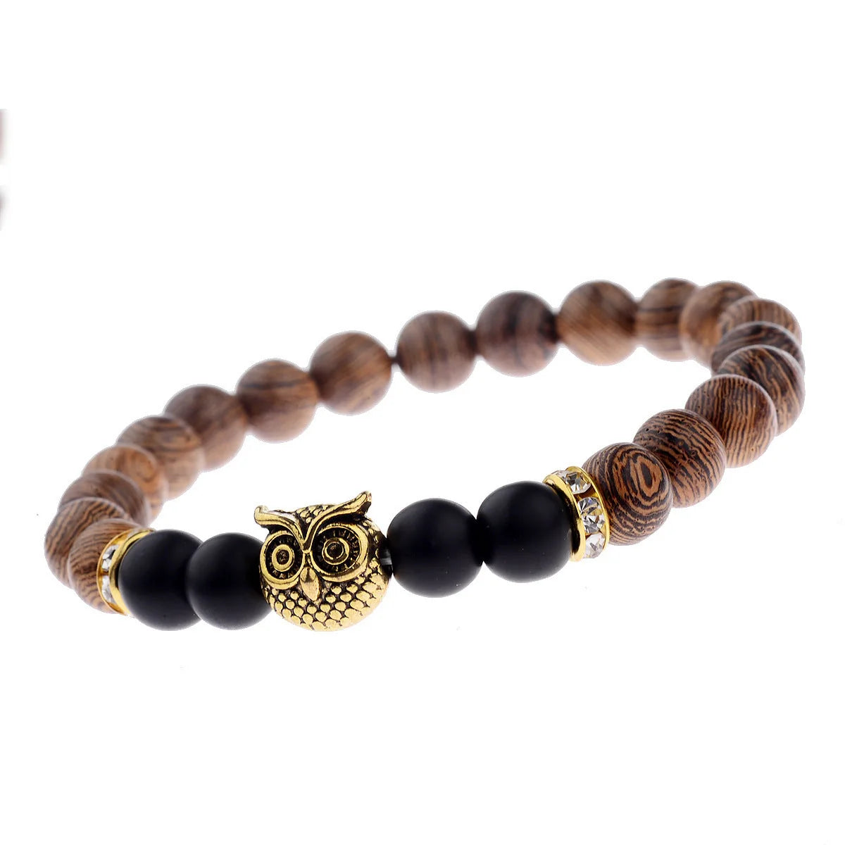 Owl frosted stone lifeline wood grain bracelet in black and gold, adjustable for a perfect fit