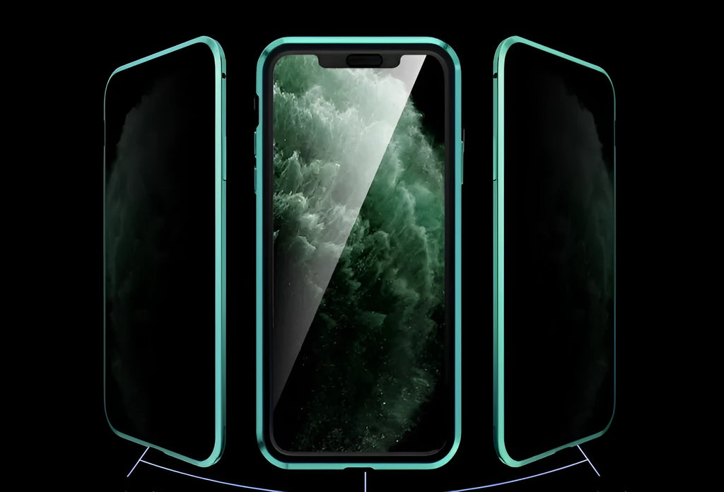 Double-sided tempered glass magneto clamshell phone case for iPhone with anti-peeping function in black colour