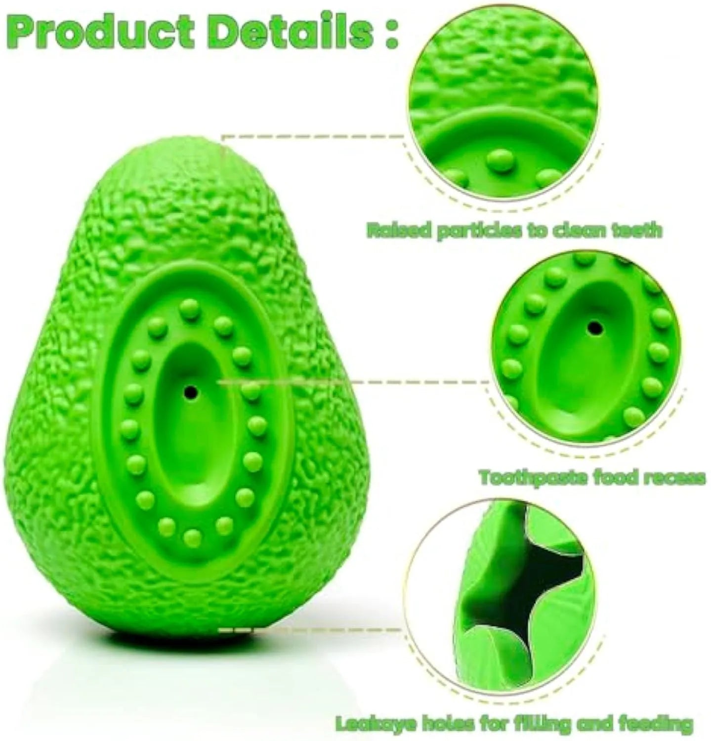 Green avocado-shaped natural rubber dog chew toy with textured surface for teeth cleaning