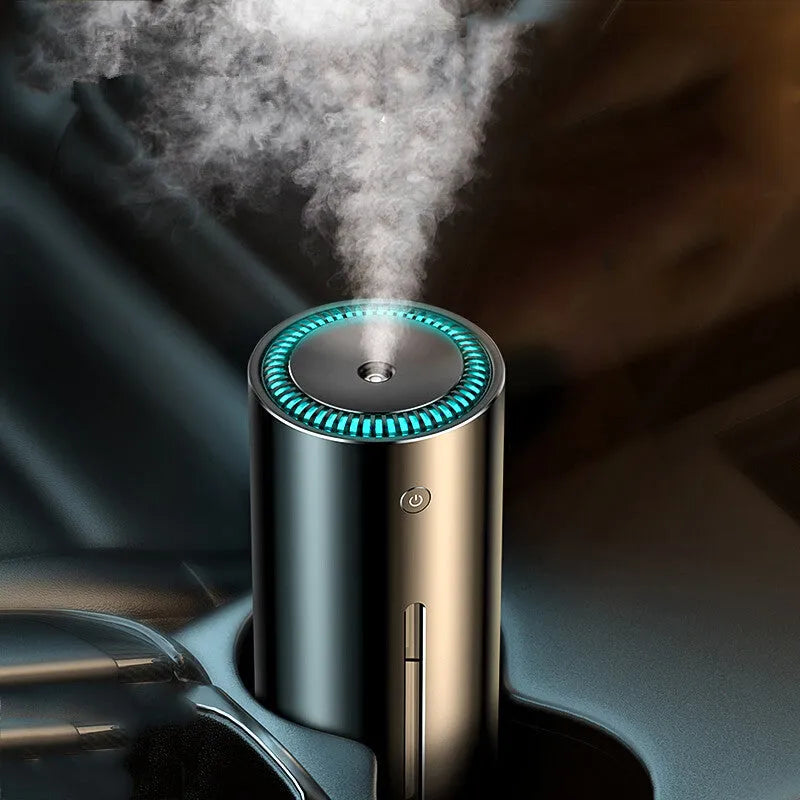 Black or dark grey 12V car diffuser and humidifier with aluminium alloy body for air purification.