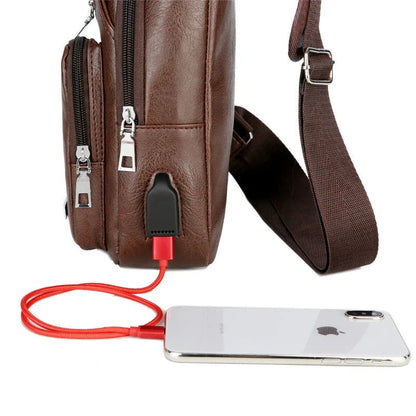 USB portable charging chest bag with headphone jack in various colors