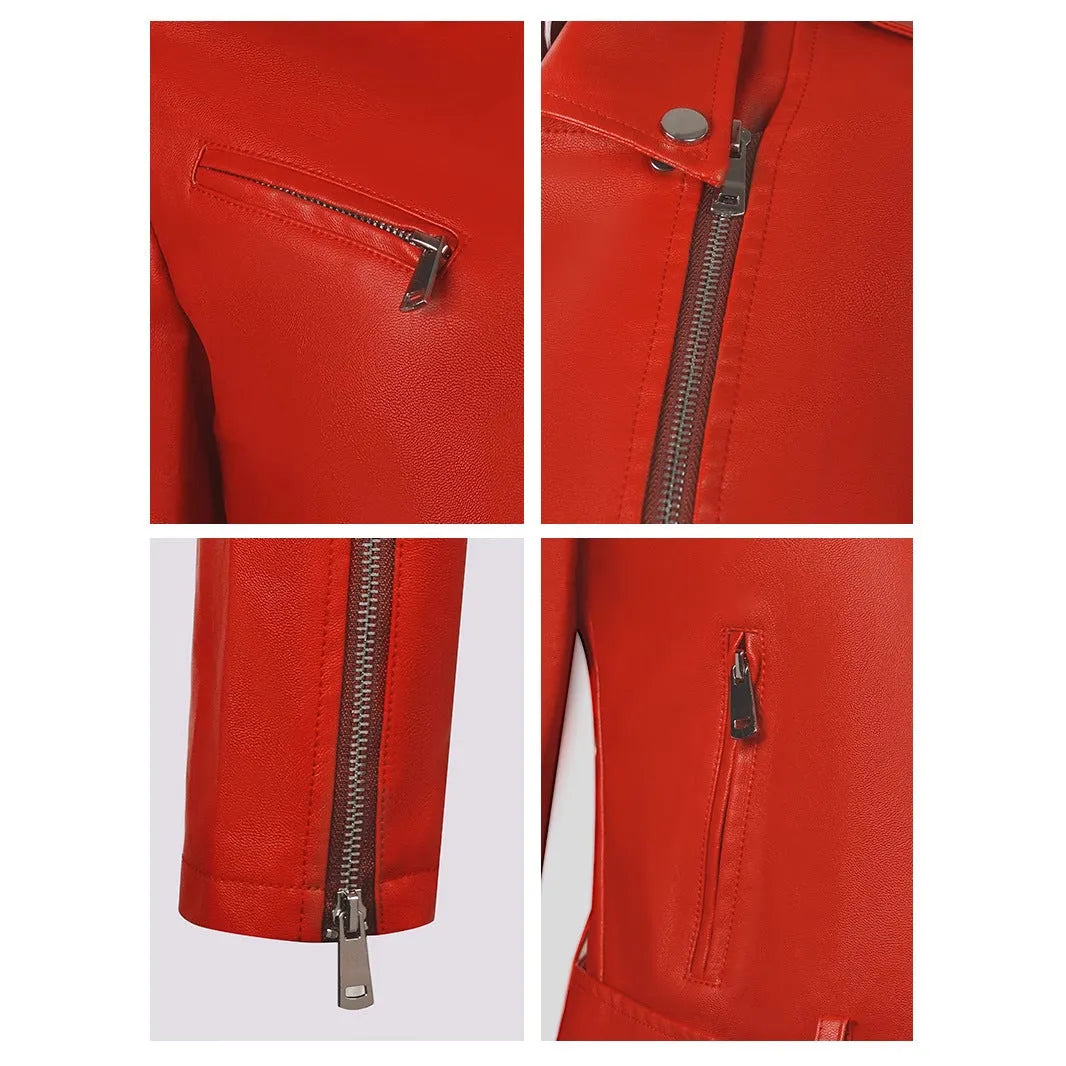 Women's red PU leather motorcycle jacket with lapel collar and waist belt on a model.