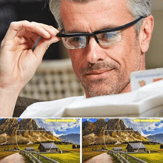 Adjustable focus sight glasses with black frame and polycarbonate lenses