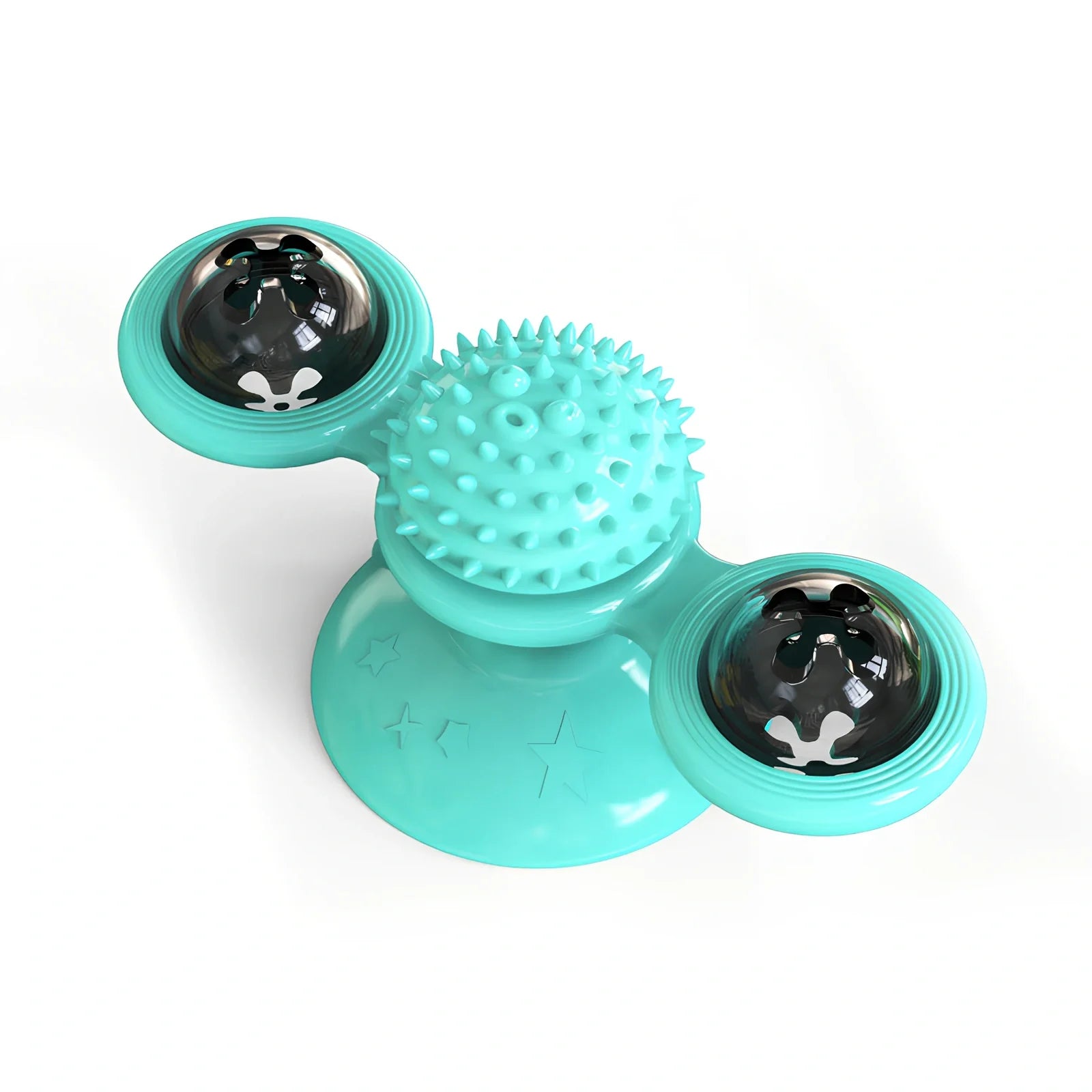 Yellow windmill cat toy with suction base, 158x74x69mm, transparent bins for balls, spinning blades and furry attachment