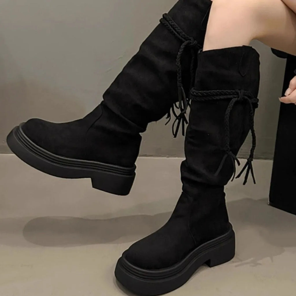 Brown retro fringe stacked boots for women with round toe and stacked heel