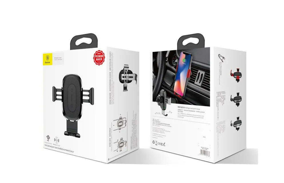 Gravity bracket wireless charging car mount with auto-clamp in black, for Samsung and Apple phones