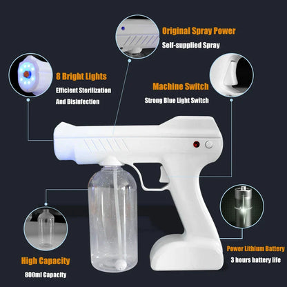 Handheld wireless atomizing fogger with blue light for disinfection