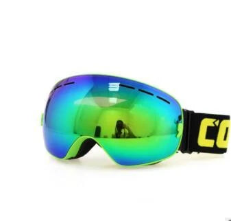 Premium ski goggles with wide spherical lens, anti-fog coating, and adjustable strap for winter sports activities