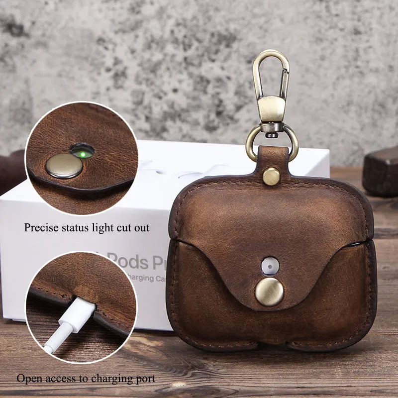 Brown leather AirPods Pro case with vintage clamshell design and crazy horse pattern texture