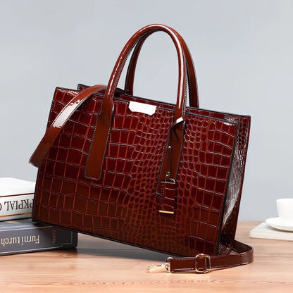 Black women's shoulder diagonal bag with crocodile embossed cowhide, zipper closure, 25cm length square shape