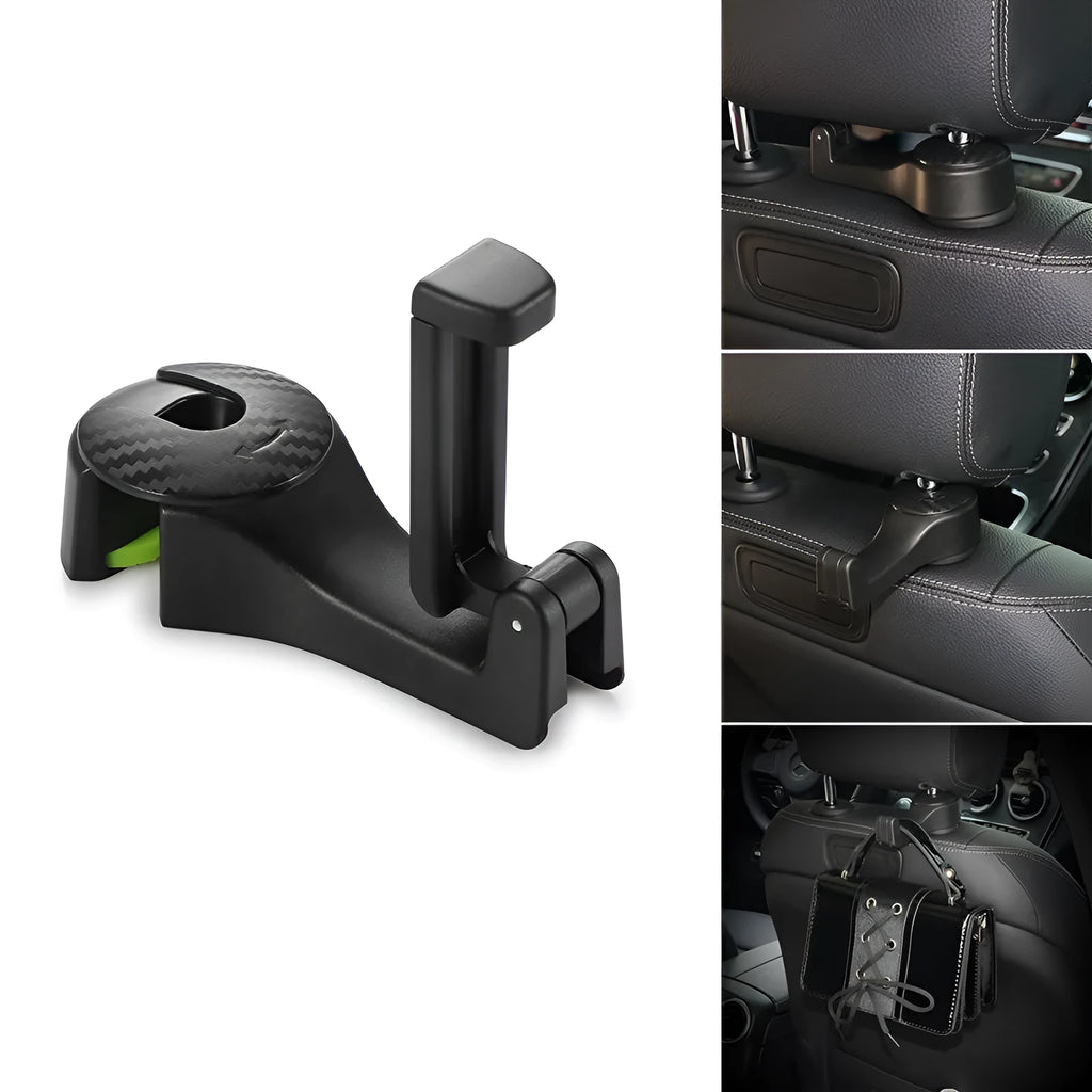 Car headrest hook with built-in folding phone holder, black, holding a phone and bag against seat back