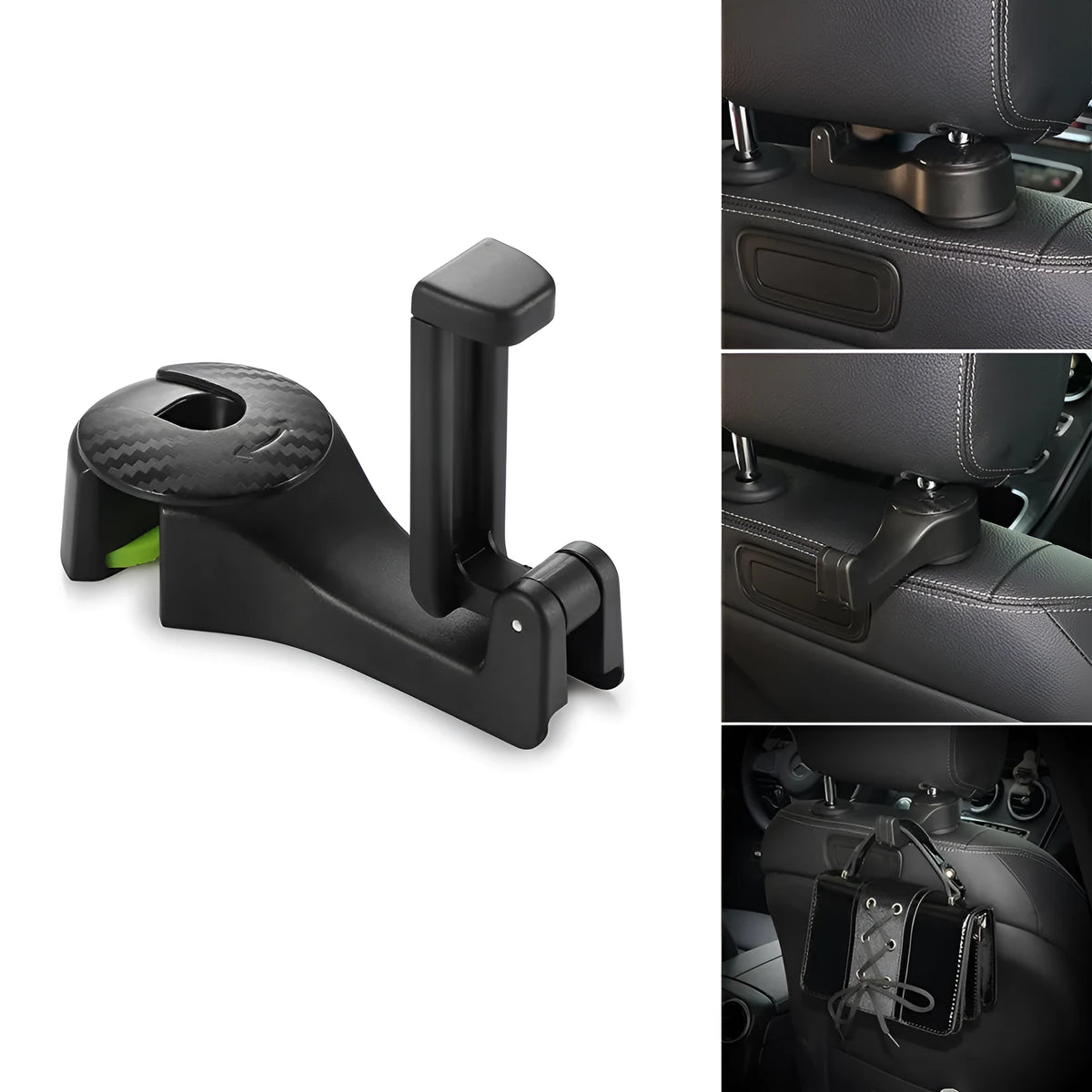 Car headrest hook with built-in folding phone holder, black, holding a phone and bag against seat back