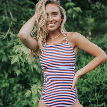 Women's crochet bandage monokini swimsuit with cut-out sections and adjustable tie closures