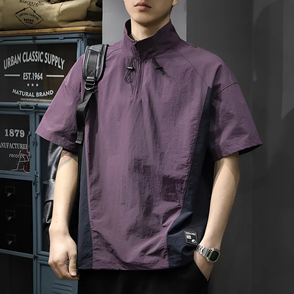 Brown men's half-zip stand collar short sleeve shirt made from ice silk fabric.