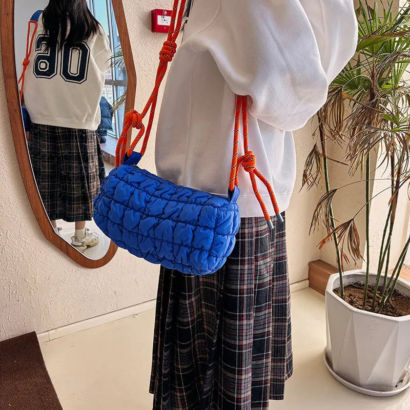 Women's soft nylon messenger bag in clouds pillow shape with rhombus pattern and crossbody strap