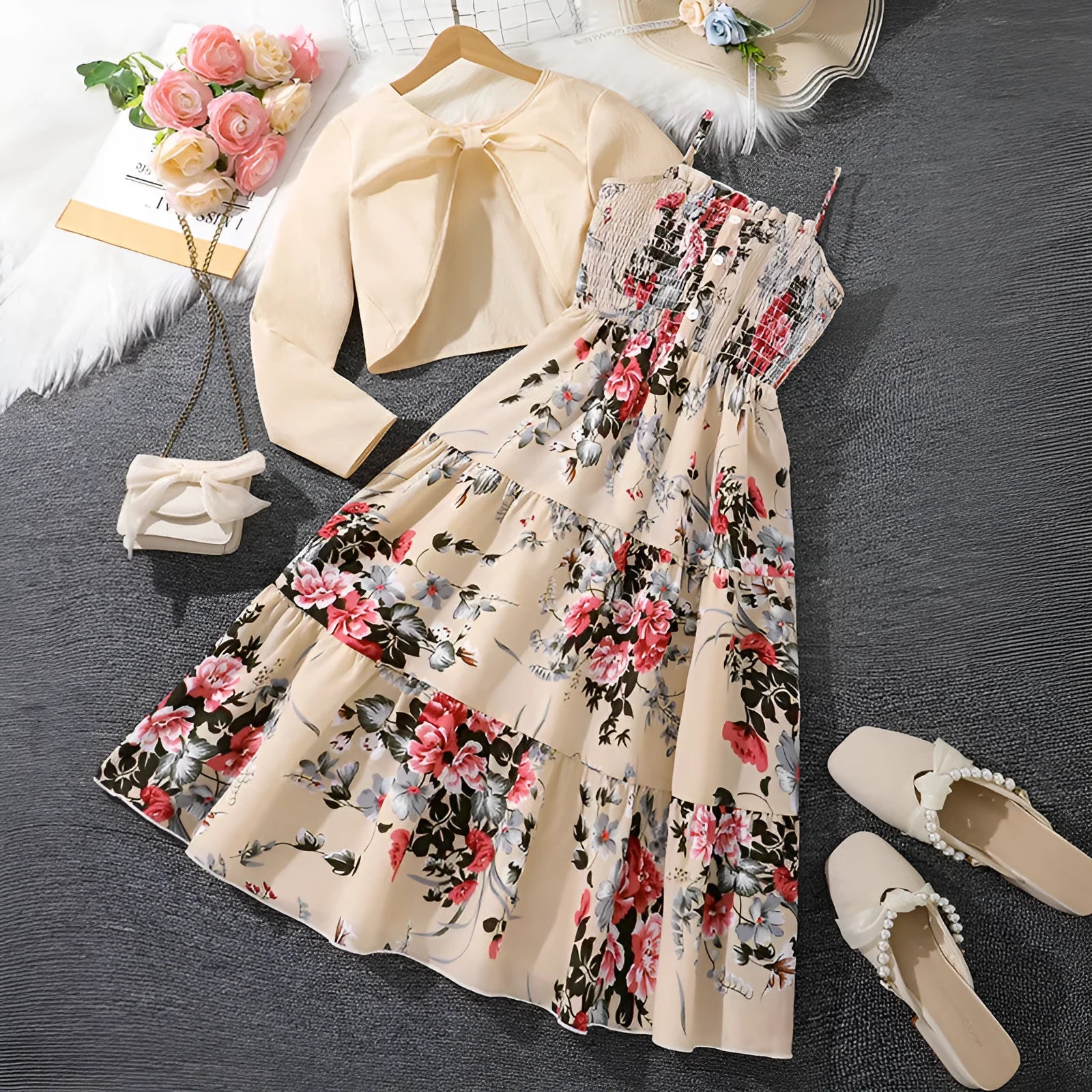 Girls' floral strap dress with long-sleeved jacket two-piece set in polyester fibre, available in five colours for heights 130 to 170 cm