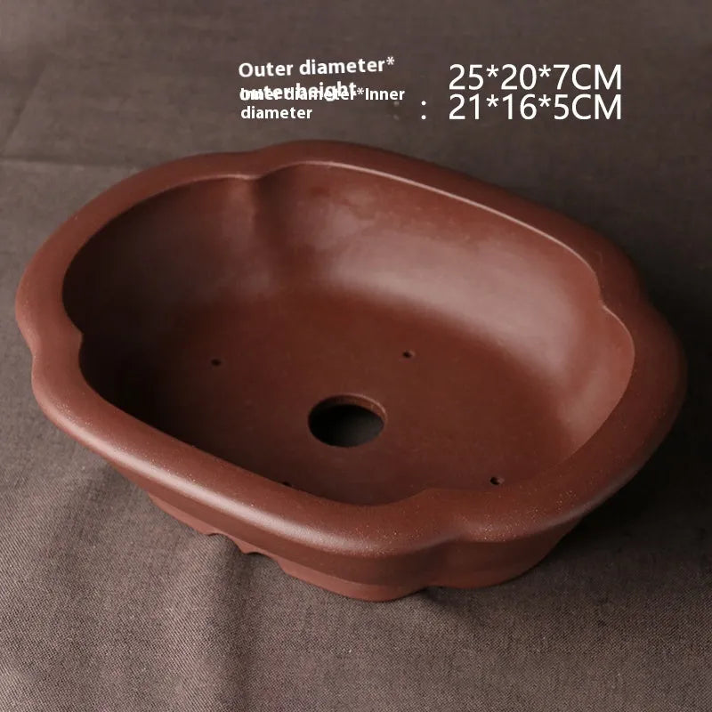 Handmade purple clay bonsai basin with classical Chinese design, 25cm diameter ceramic plant pot