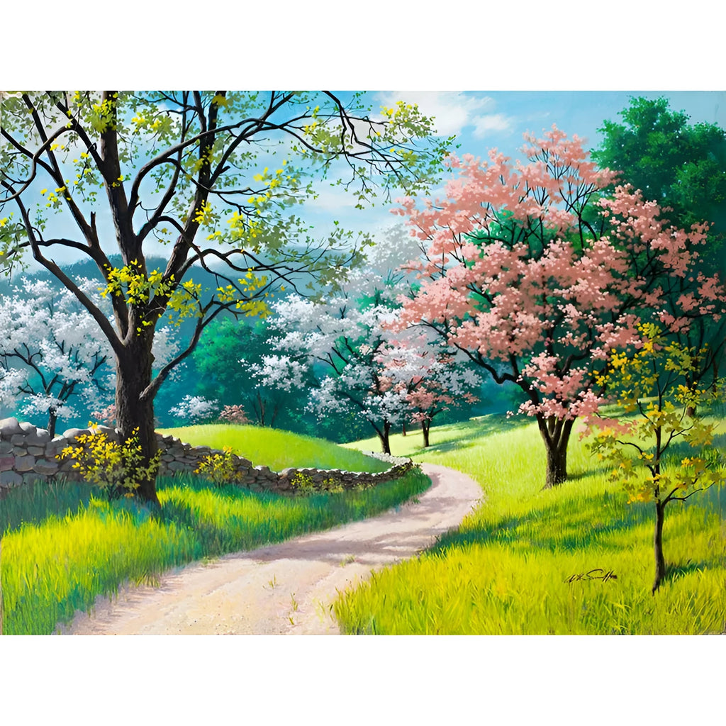 40x50 cm landscape paint by numbers kit showing linen canvas, acrylic paints, and optional wooden stretcher frame