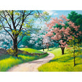 40x50 cm landscape paint by numbers kit showing linen canvas, acrylic paints, and optional wooden stretcher frame
