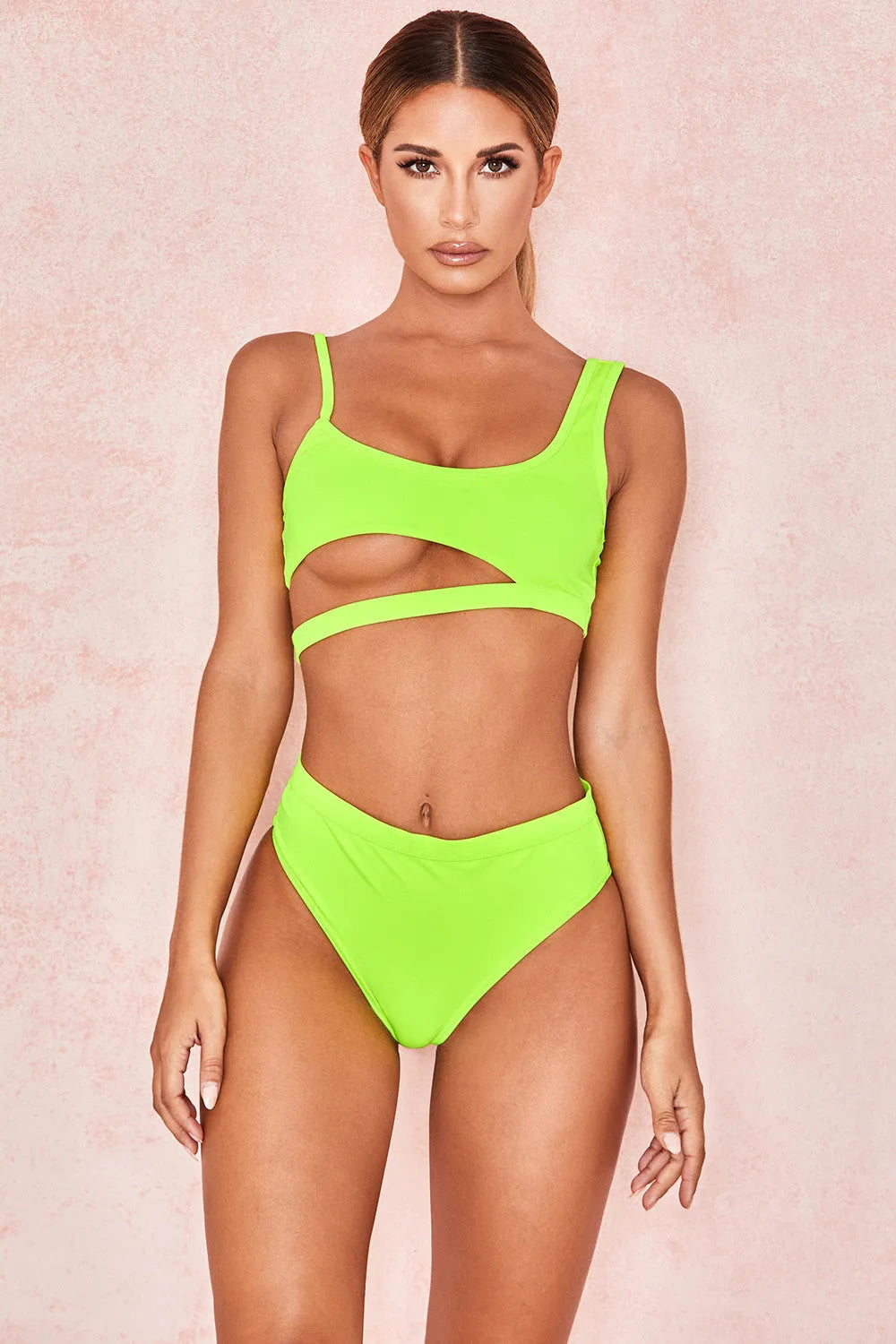 Solid colour ladies nylon spandex swimwear with chest pad in green