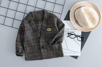 British-style three-piece cotton suit for boys in coffee or grey, sizes 70-100cm with long sleeves and knit fabric