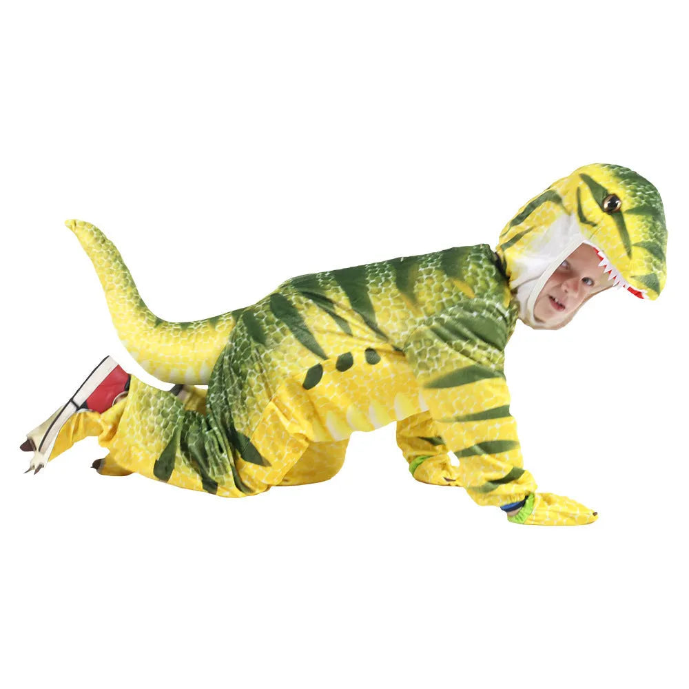 Children's one-piece dinosaur Halloween costume playsuit in green, available in sizes 100cm, 110cm, and 120cm.