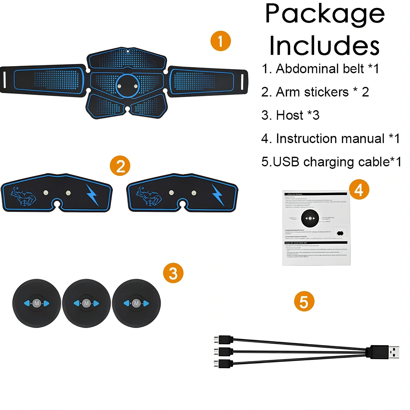 USB-rechargeable EMS abdominal muscle trainer with six electrode pads and digital control unit